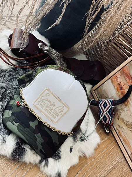 Excuse Me, Trucker Hat- Camouflage/ Cream Letters