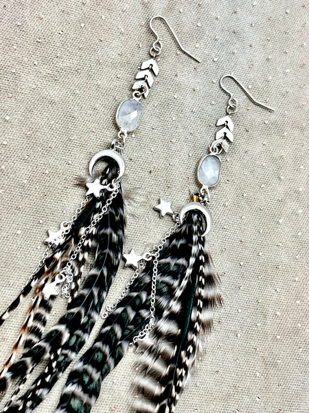 Celestial Feather Tassel Earrings -Crescent Horn