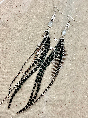Celestial Feather Tassel Earrings -Crescent Horn