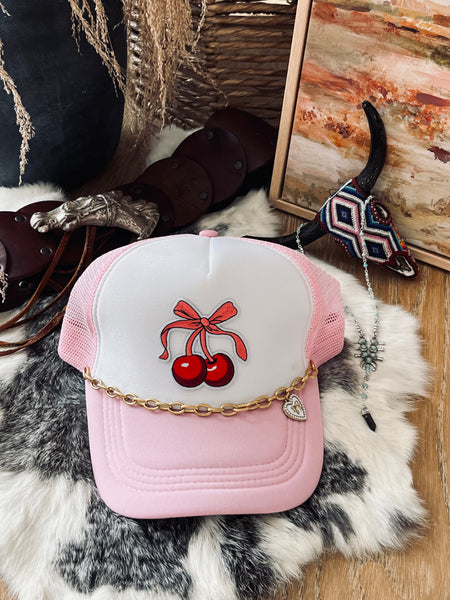 Cherry Bow Trucker Hat- Pink