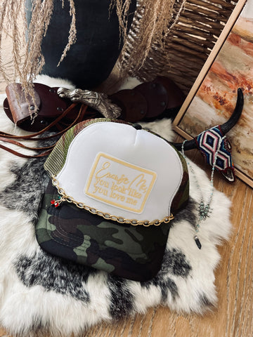 Excuse Me, Trucker Hat- Camouflage/ Yellow Letters