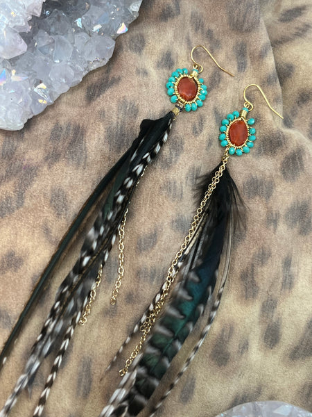 Flower Bezel Feather Tassels Earrings