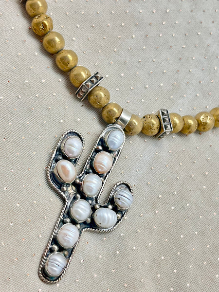 Cactus Pendant Necklace- Gold Druzy