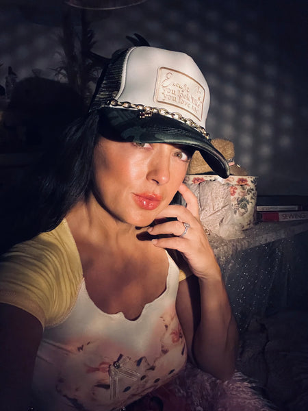 Excuse Me, Trucker Hat- Camouflage/ Cream Letters