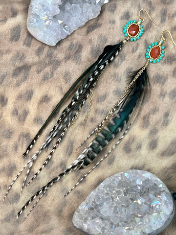 Flower Bezel Feather Tassels Earrings