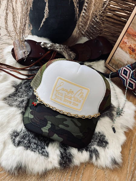 Excuse Me, Trucker Hat- Camouflage/ Yellow Letters