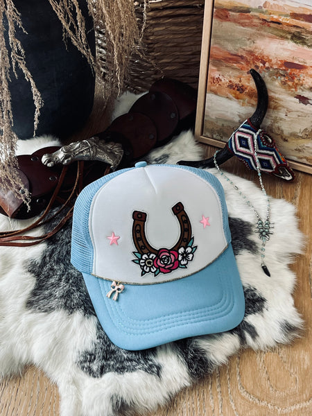 Horse Shoe Trucker Hat- Baby Blue