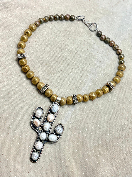 Cactus Pendant Necklace- Gold Druzy