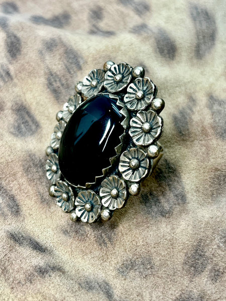 Black Onyx & Flowers Ring