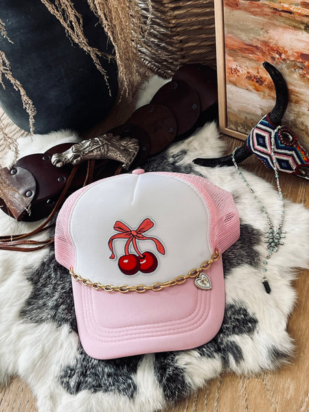 Cherry Bow Trucker Hat- Pink