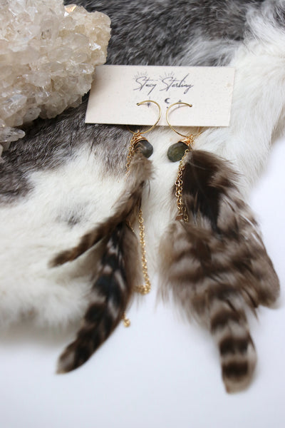 Labradorite/ Turquoise Hoop & Feather Tassel Earrings