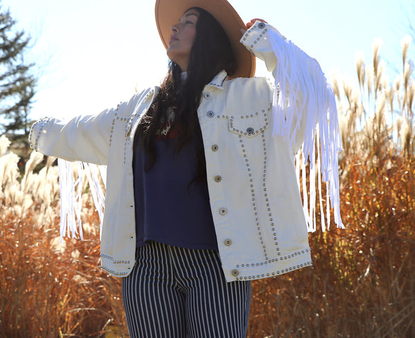 Mother of Celestial Wolf White Denim Fringe Jacket- Large