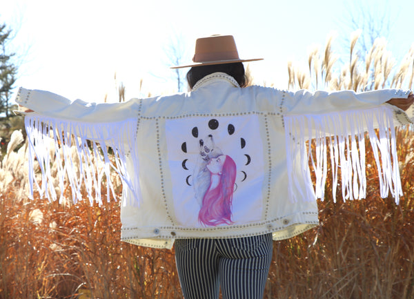 Mother of Celestial Wolf White Denim Fringe Jacket- Large