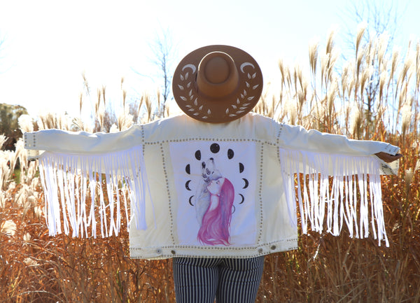 Mother of Celestial Wolf White Denim Fringe Jacket- Large