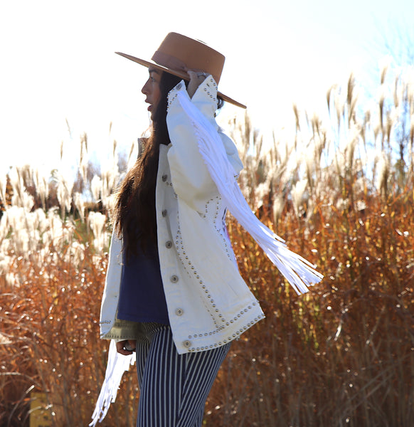 Mother of Celestial Wolf White Denim Fringe Jacket- Large