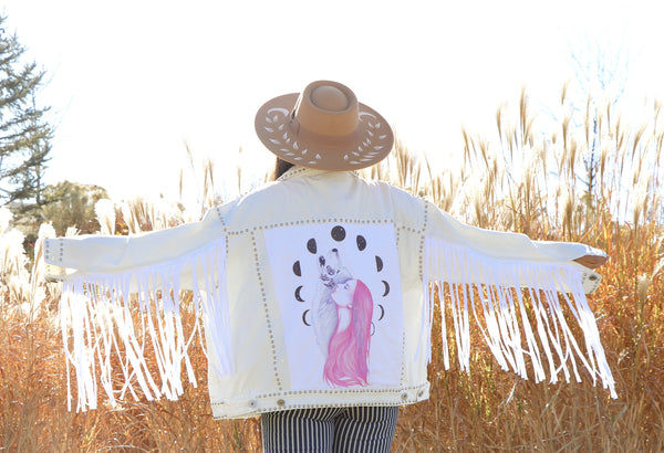 Mother of Celestial Wolf White Denim Fringe Jacket- Large