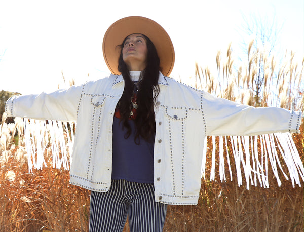 Mother of Celestial Wolf White Denim Fringe Jacket- Large