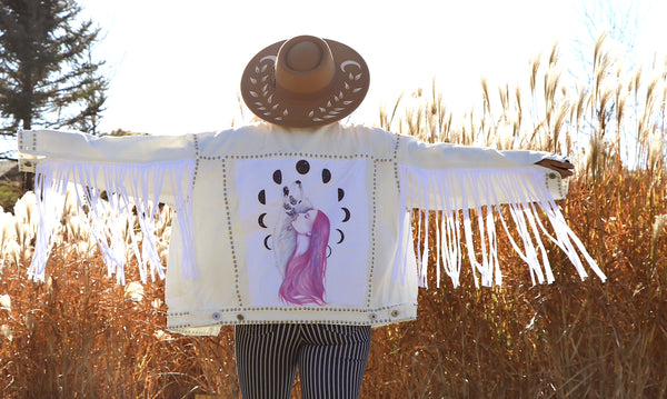 Mother of Celestial Wolf White Denim Fringe Jacket- Large