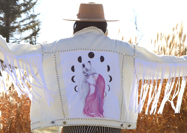 Mother of Celestial Wolf White Denim Fringe Jacket- Large