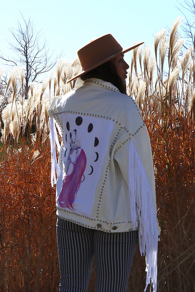 Mother of Celestial Wolf White Denim Fringe Jacket- Large