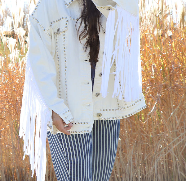 Mother of Celestial Wolf White Denim Fringe Jacket- Large