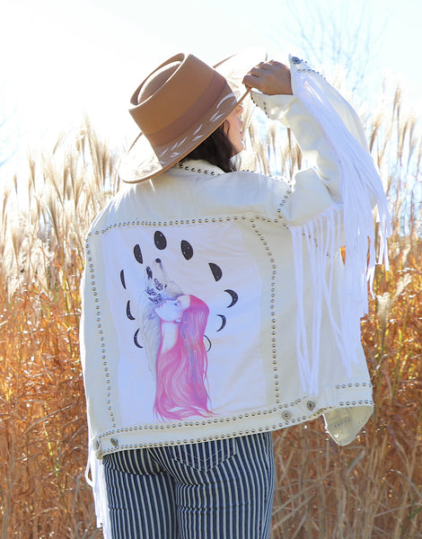 Mother of Celestial Wolf White Denim Fringe Jacket- Large