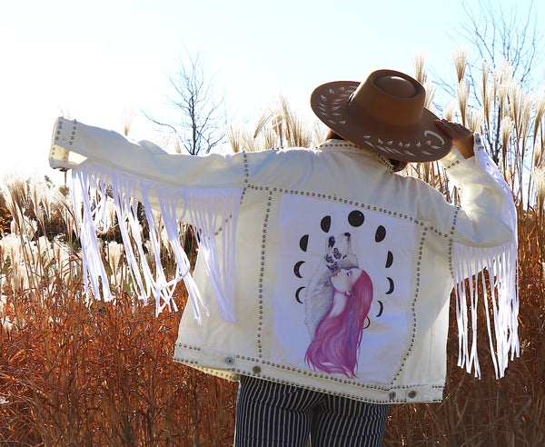 Mother of Celestial Wolf White Denim Fringe Jacket- Large