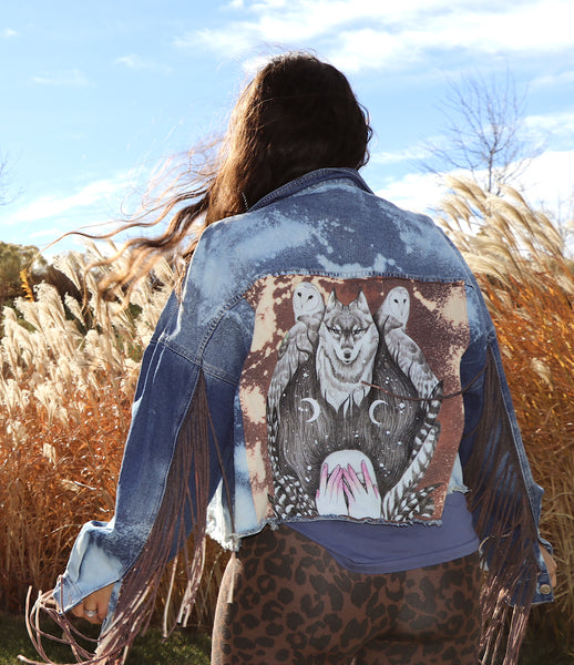 Native Wolf Spirit Denim Fringe Jacket- XL