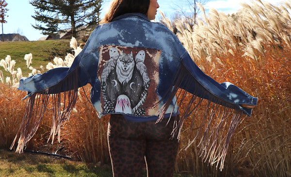 Native Wolf Spirit Denim Fringe Jacket- XL