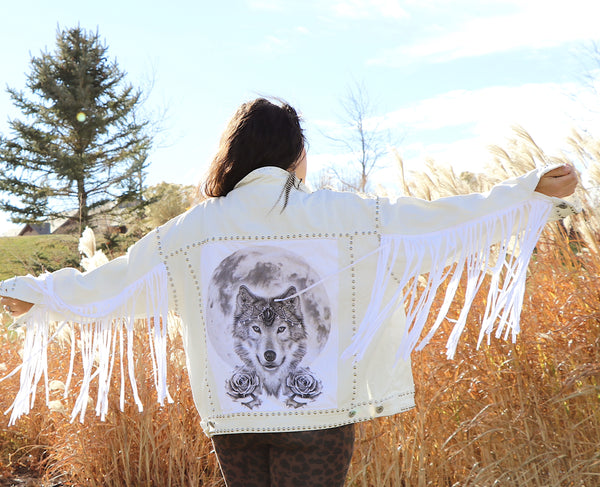 Wolf Goddess White Denim Fringe Jacket- Medium