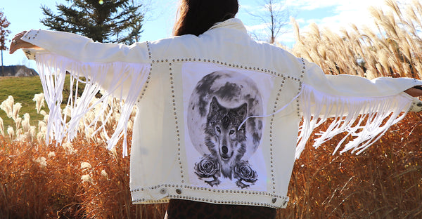 Wolf Goddess White Denim Fringe Jacket- Medium