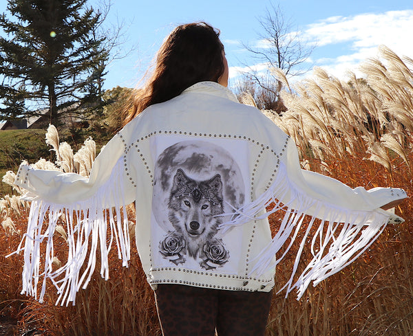 Wolf Goddess White Denim Fringe Jacket- Medium