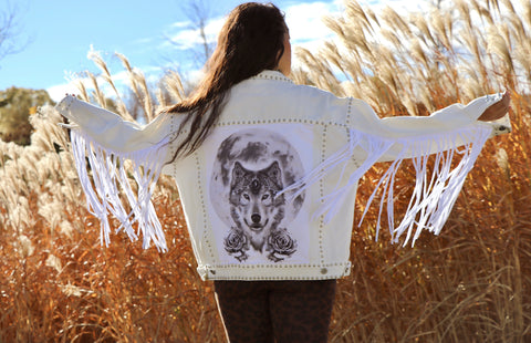 Wolf Goddess White Denim Fringe Jacket- Medium