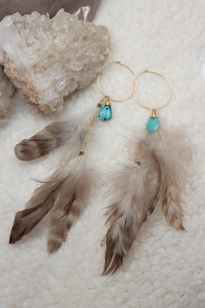 Labradorite/ Turquoise Hoop & Feather Tassel Earrings