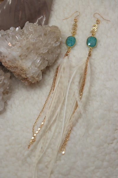 Gold Amazonite Stone and Feather Tassel Earrings- White