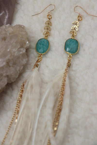 Gold Amazonite Stone and Feather Tassel Earrings- White